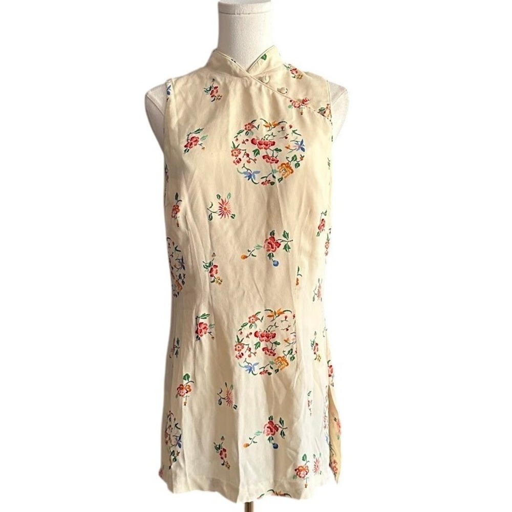 Vintage 90s Caché Gold Label Floral‎ Rayon Crepe Cheongsam Mini Dress - Made USA